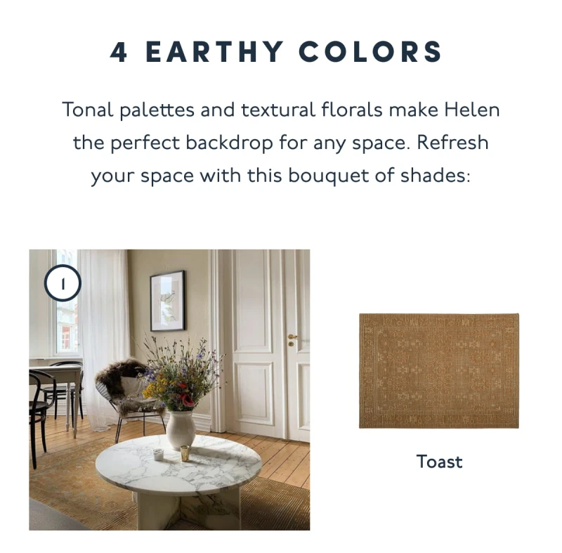 4 EARTHY COLORS | Tonal palettes and textural florals make Helen the perfect backdrop for any space. Refresh your space with this bouquet of shades: 1. Toast