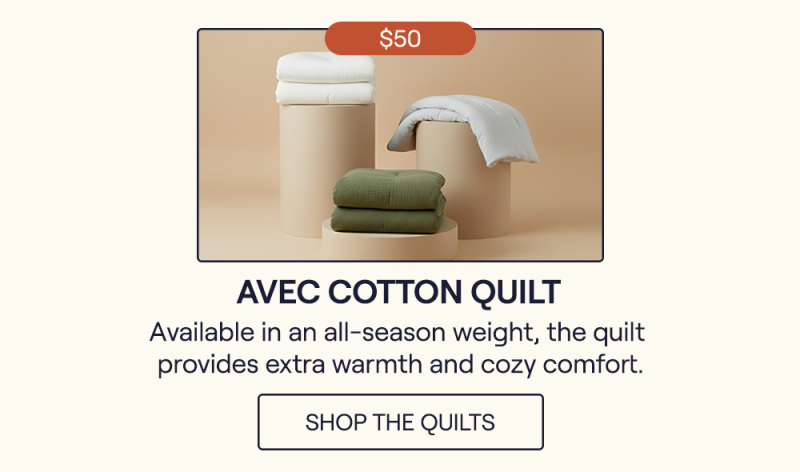 The Mist, Pearl, and Moss Cotton Quilts sitting on pillars.