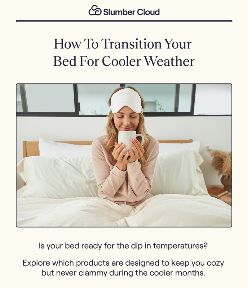 A woman laying in a bed with Slumber Cloud bedding while drinking coffee