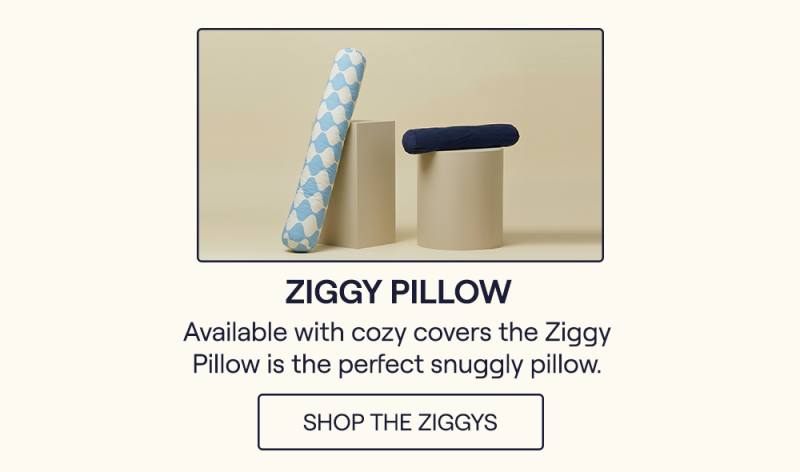 A large Ziggy Pillow with a blue and white petal cover leaning against a pillar and the mini Ziggy Pillow with a Navy cover laying on a pillar.