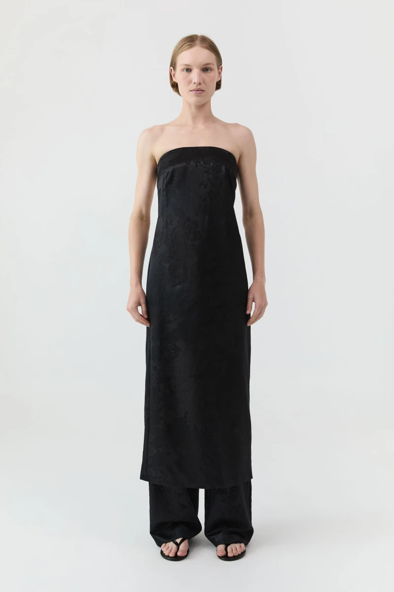 Image of Silk Wool Jacquard Strapless Dress - Black