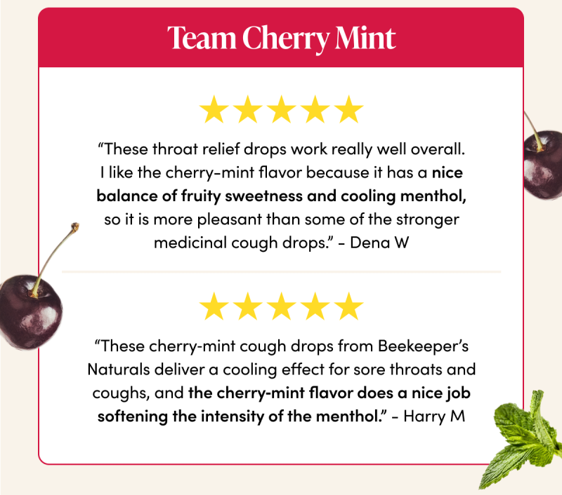 Team Cherry Mint   “These throat relief drops work really well overall. I like the cherry-mint flavor because it has a nice balance of fruity sweetness and cooling menthol, so it is more pleasant than some of the stronger medicinal cough drops.”   - Dena W  “These cherry‑mint cough drops from Beekeeper’s Naturals deliver a cooling effect for sore throats and coughs, and the cherry‑mint flavor does a nice job softening the intensity of the menthol.”      - Harry M