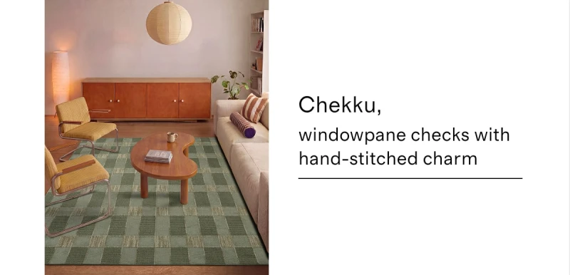 Chekku, windowpane checks with hand-stitched charm