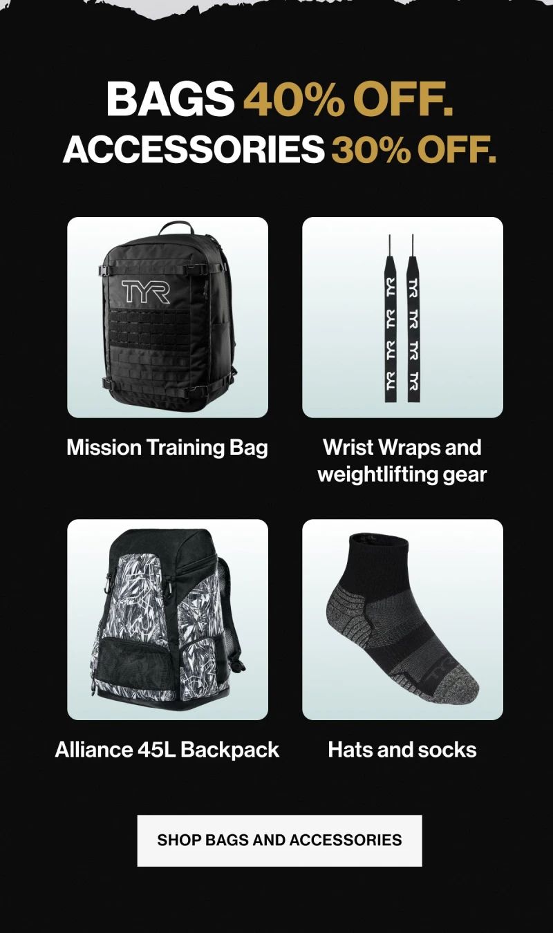 Bags 40% off. Accessories 30% off. Mission Training Bag. Wrist Wraps and weightlifting gear. Alliance 45L Backpack. Hats and socks.