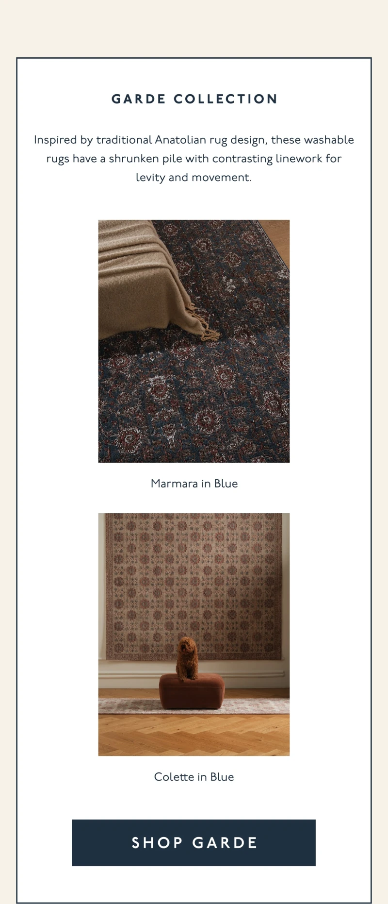 GARDE COLLECTION | Inspired by traditional Anatolian rug design, these washable rugs have a shrunken pile with contrasting linework for levity and movement. | Marmara in Blue | Colette in Blue | [ SHOP GARDE ]