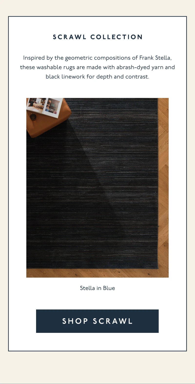 SCRAWL COLLECTION | Inspired by the geometric compositions of Frank Stella, these washable rugs are made with abrash-dyed yarn and black linework for depth and contrast. | Stella in Blue | [ SHOP SCRAWL ]