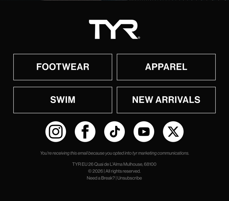 Tyr footwear apparel swim new arrivals Instagram Facebook TikTok Twitter You're receiving this email because you opted into tyr marketing…
