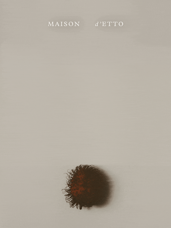 Rambutans appear one by one, from whole to peeled, under the Maison d'Etto logo