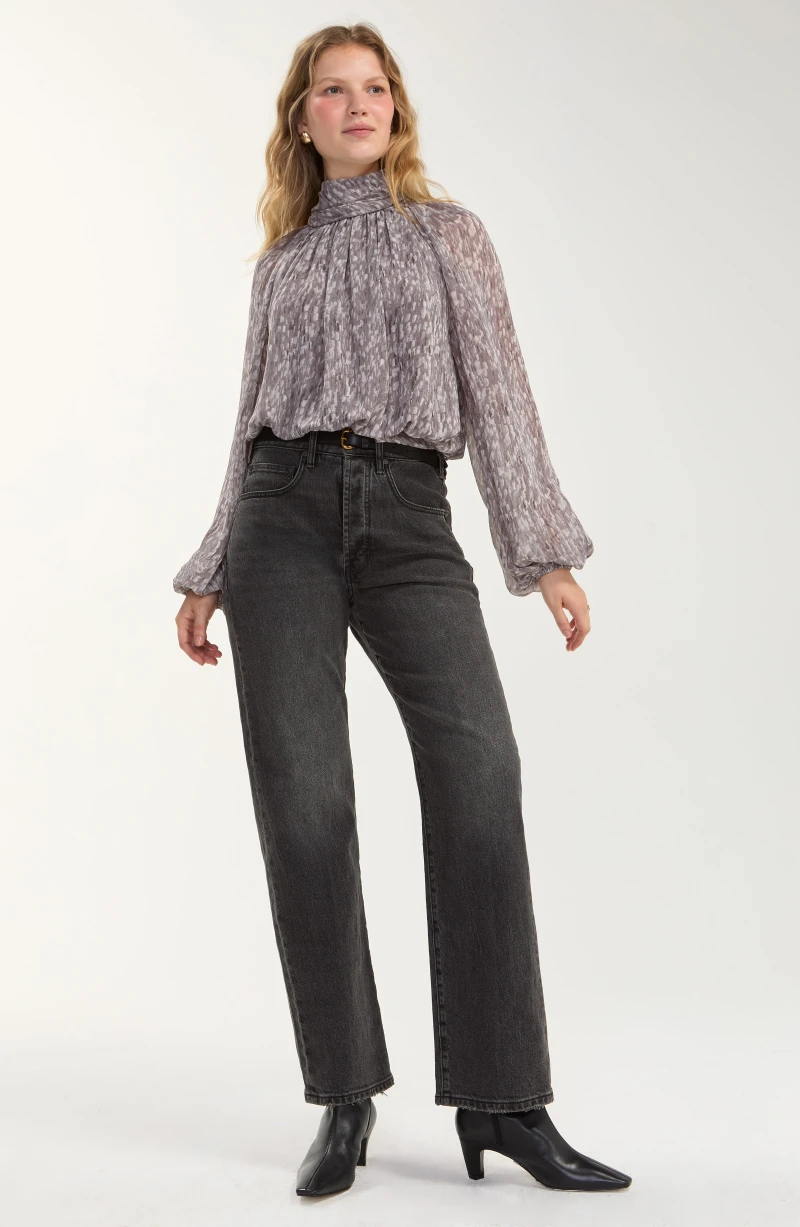 Image of LONG SLEEVE SHIRRED MOCK NECK WOVEN TOP