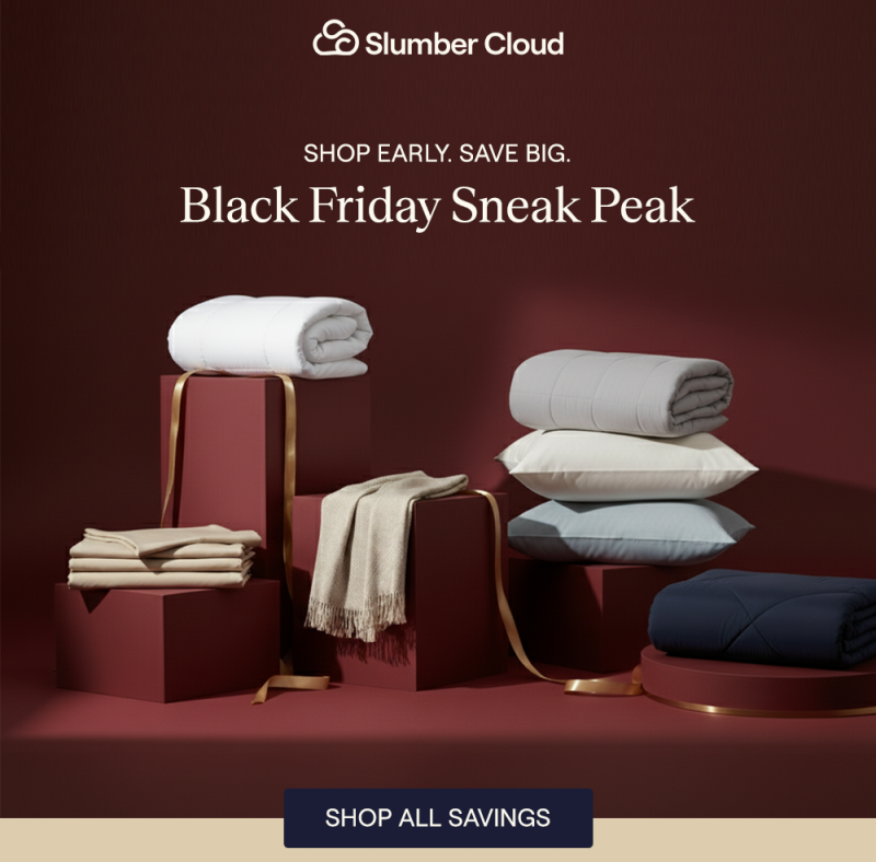 Slumber Cloud products sitting on maroon pillars.