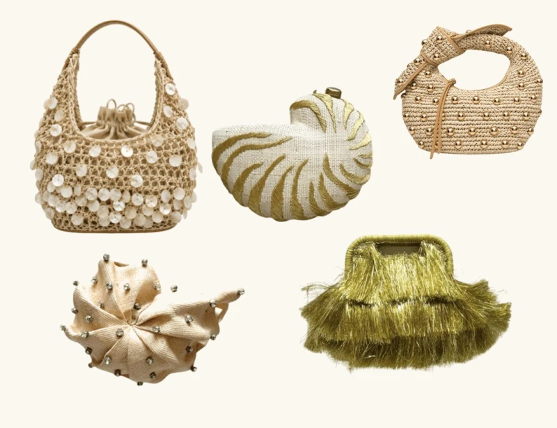 A first look at Resort: a shell-covered crochet hobo, an embroidered nautilus clutch, a gold-studded knot bag, a crystal-studded shell clutch and a gold fringe clutch