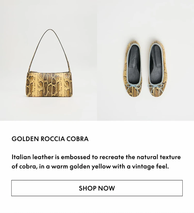  Italian leather is embossed to recreate the natural texture of cobra, in a warm golden yellow with a vintage feel.
