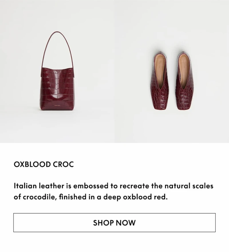 Italian leather is embossed to recreate the natural scales of crocodile, finished in a deep oxblood red.