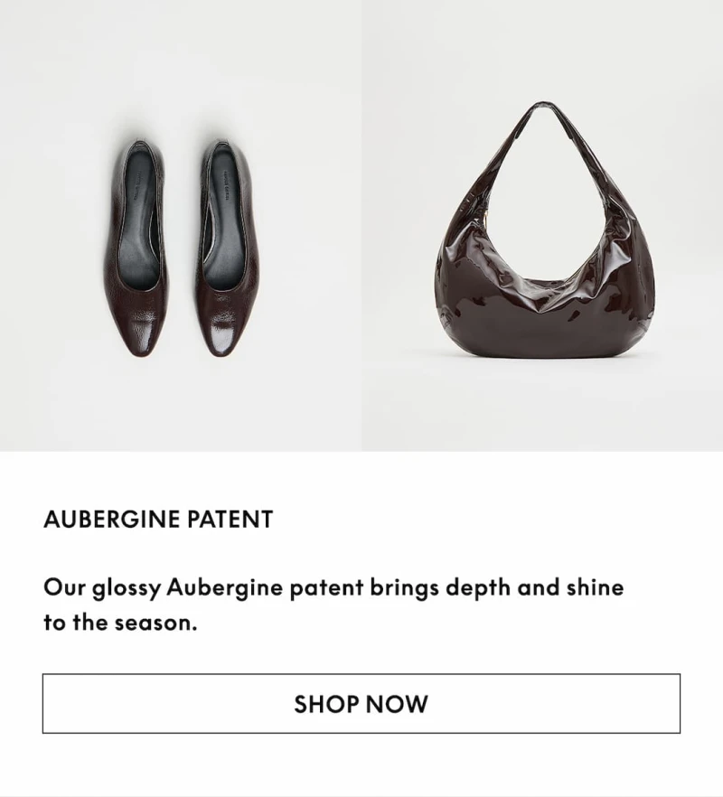 Our glossy Aubergine patent brings depth and shine to the season.