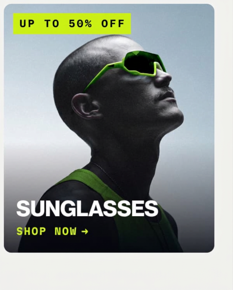 Man wearing sunglasses with "Up to 50% off sunglasses" text.
