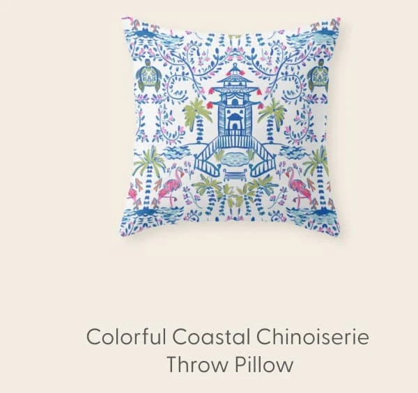 Colorful Coastal Chinoiserie Throw Pillow