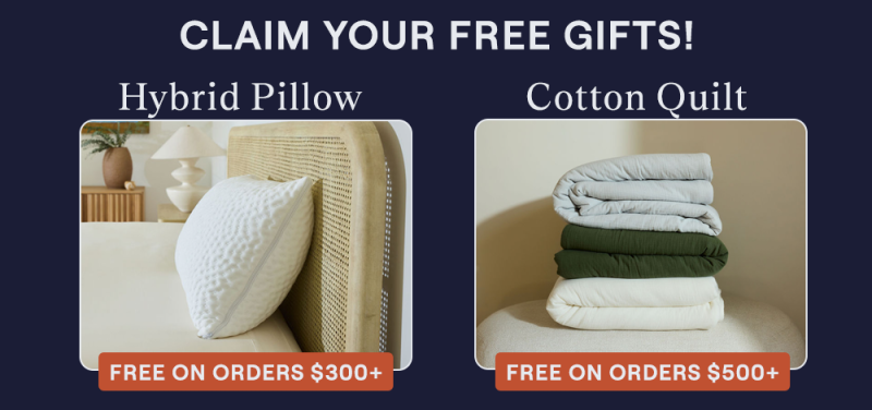 The Hybrid Pillow on a bed and a stack of the Cotton Quilt in the various colors, Pearl, Moss, and Mist.