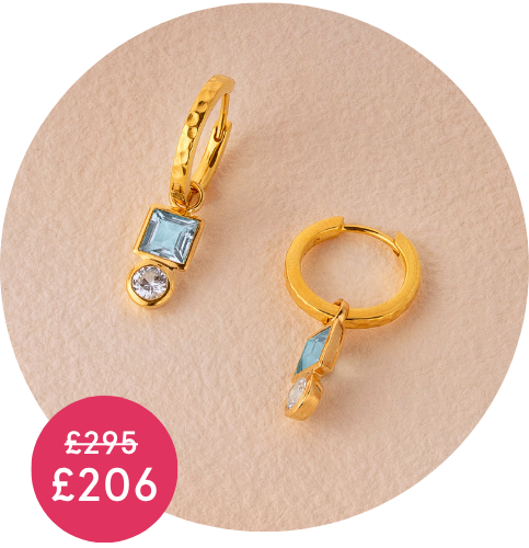 Summer Sale |  Square Blue Topaz Hammered Huggie Hoops