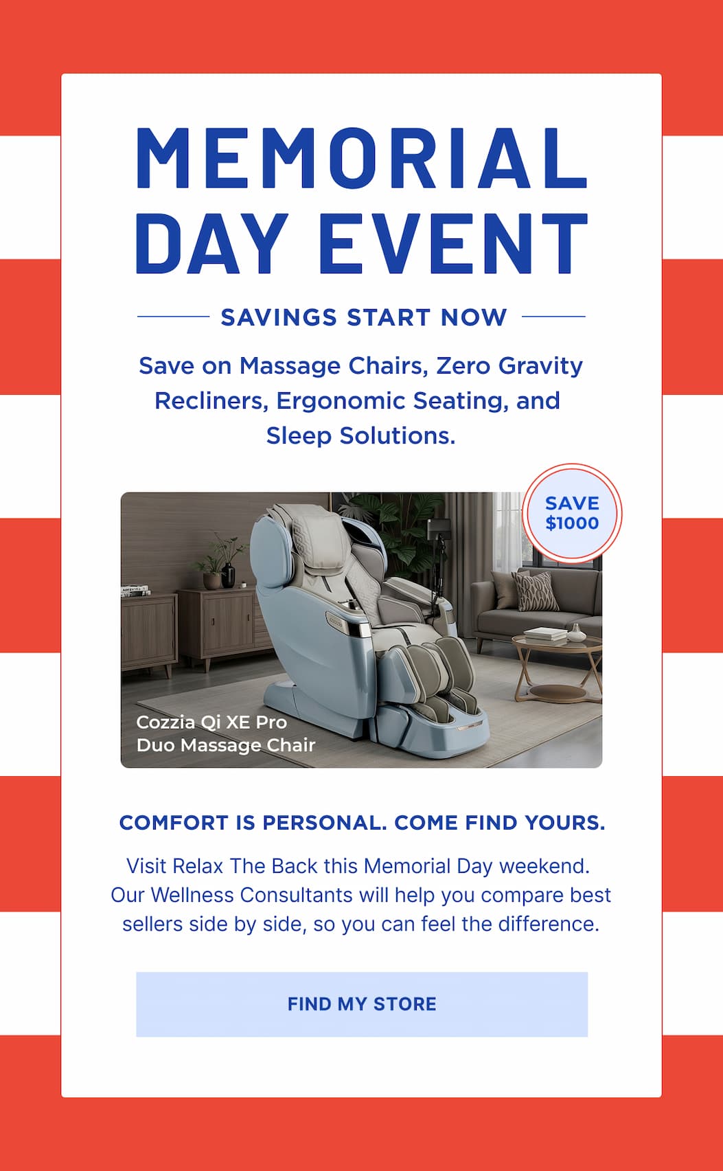 memorial day event save on massage chairs, recliners and more