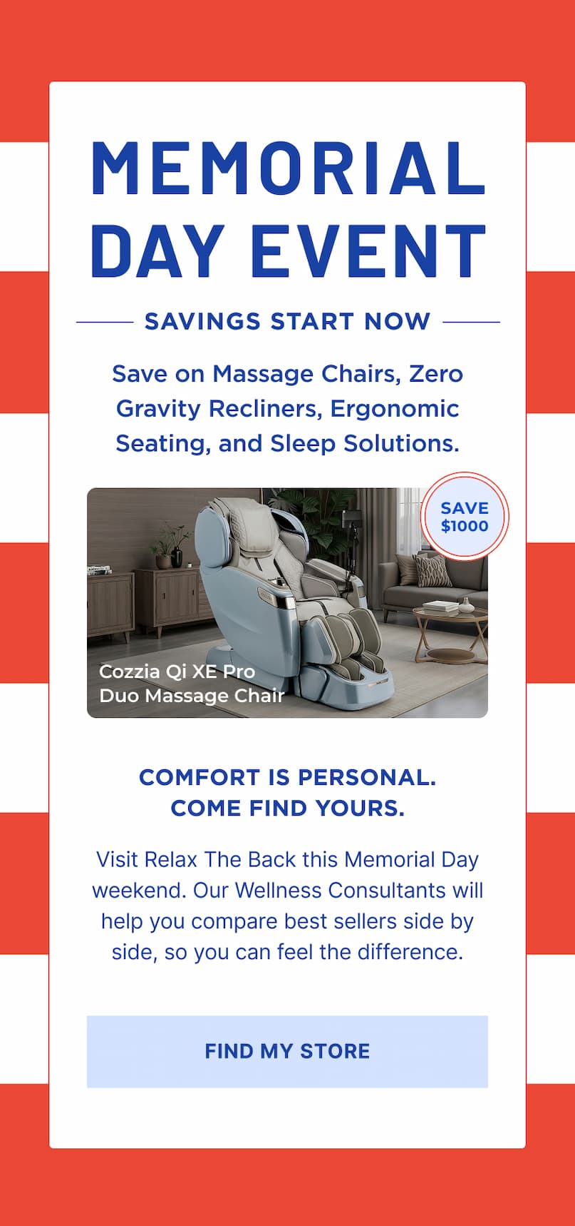 memorial day event save on massage chairs, recliners and more