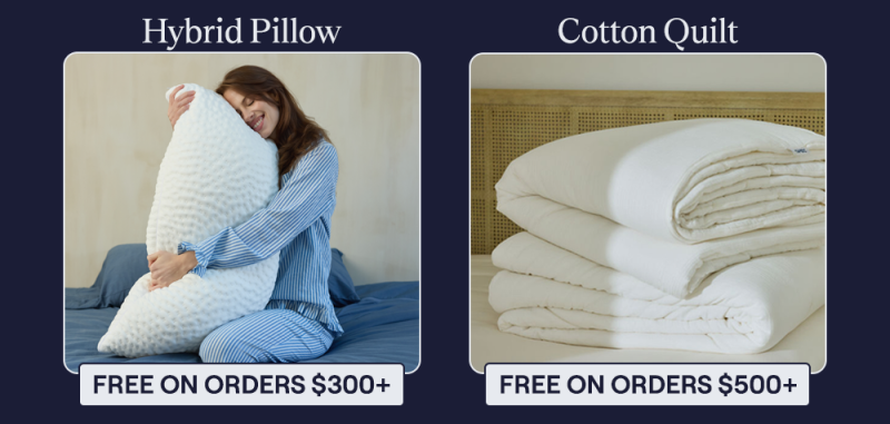 A woman hugging the Hybrid Pillow and a stack of Cotton Quilts in the color Pearl