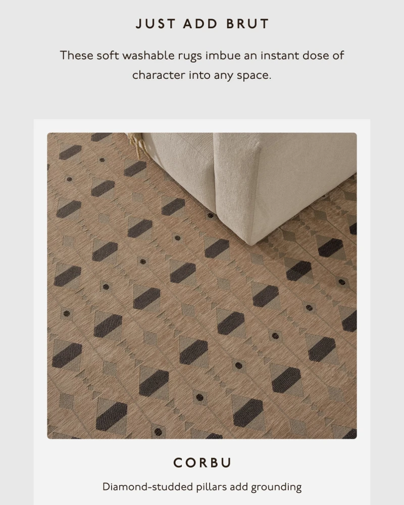 Just add Brut | These soft washable rugs imbue an instant dose of character into any space. | CORBU | Diamond-studded pillars add grounding