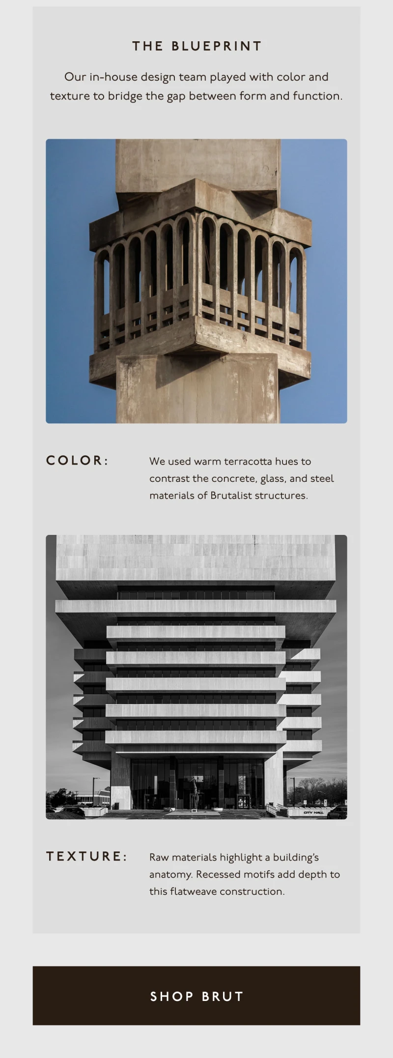THE BLUEPRINT | Our in-house design team played with color and texture to bridge the gap between form and function. | COLOR: We used warm terracotta hues to contrast the concrete, glass, and steel materials of Brutalist structures. | TEXTURE: Raw materials highlight a building’s anatomy. Recessed motifs add depth to this flatweave construction. | [ SHOP BRUT ]