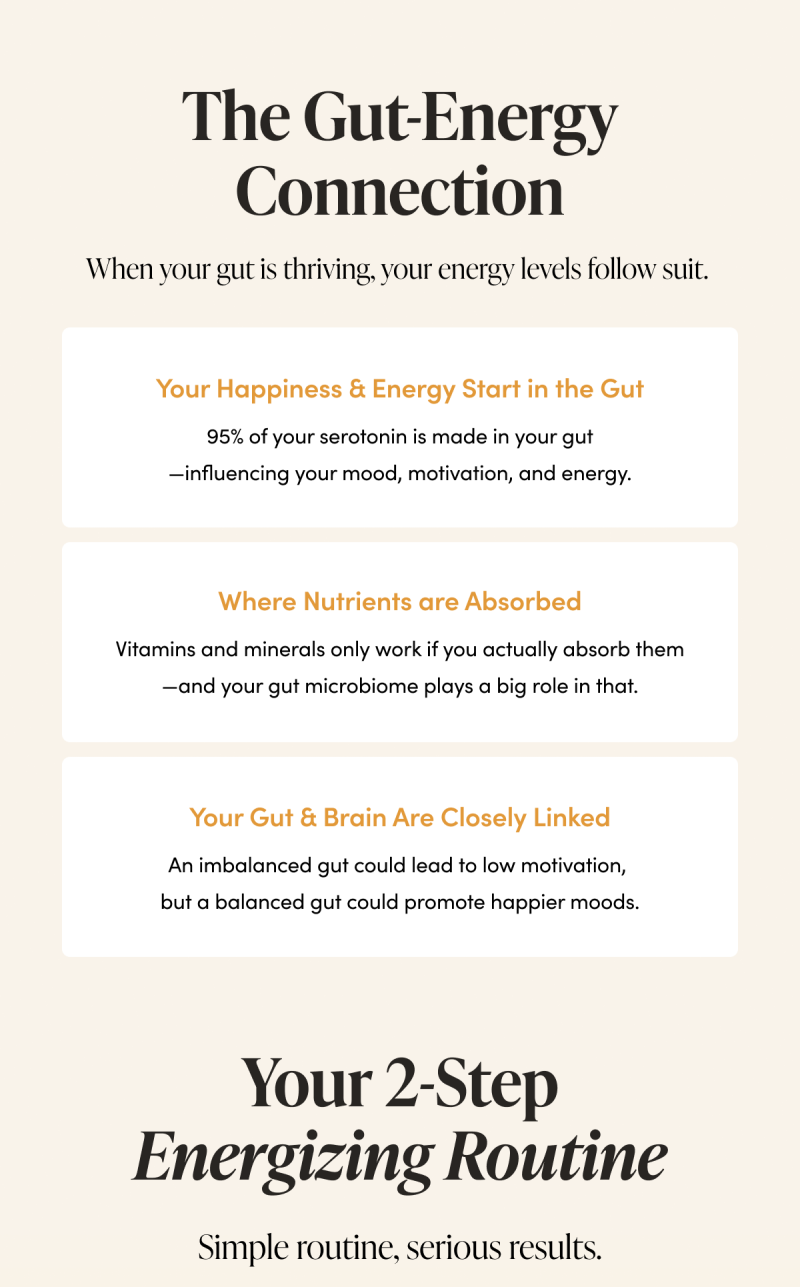 The Gut-Energy Connection     When your gut is thriving, your energy levels follow suit.   Your Happiness & Energy Start in the Gut  95% of your serotonin is made in your gut—influencing your mood, motivation, and energy.    More Nutrients ≠ More Energy  Vitamins and minerals only work if you actually absorb them—and your gut microbiome plays a big role in that.        Your Gut & Brain Are Closely Linked      An imbalanced gut could lead to low motivation, but a balanced gut could promote happier moods.     