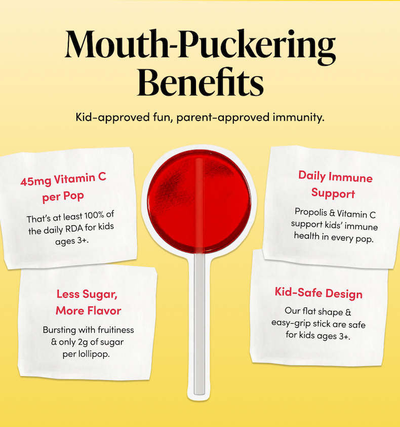 Mouth-Puckering Benefits     Kid-approved fun, parent-approved immunity.     45mg Vitamin C per Pop  That’s at least 100% of the daily RDA for kids ages 3+.  Daily Immune Support  Propolis & Vitamin C support kids’ immune health in every pop.  Less Sugar, More Flavor   Bursting with fruitiness & only 2g of sugar per lollipop.    Kid-Safe Design  Our flat shape & easy-grip stick are safe for kids ages 3+