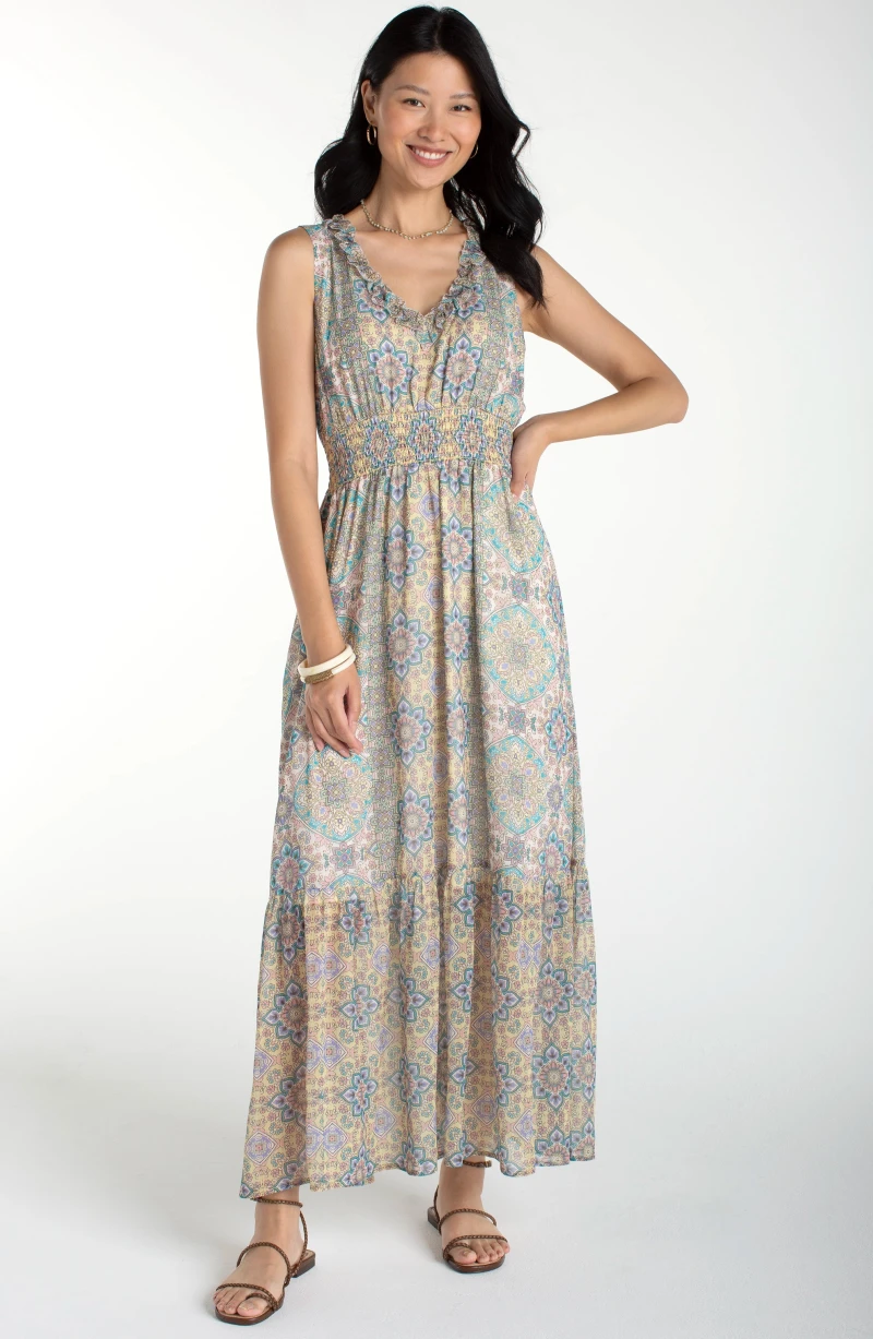 Image of SLEEVELESS SMOCKED WAIST MAXI DRESS