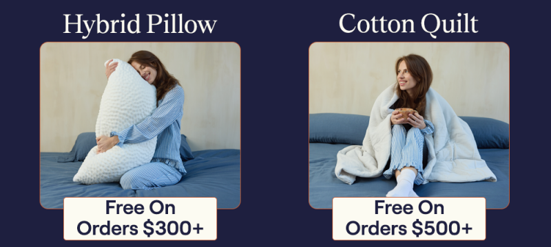 A woman hugging the Hybrid Pillow and a woman wrapped up in the Mist Cotton Quilt