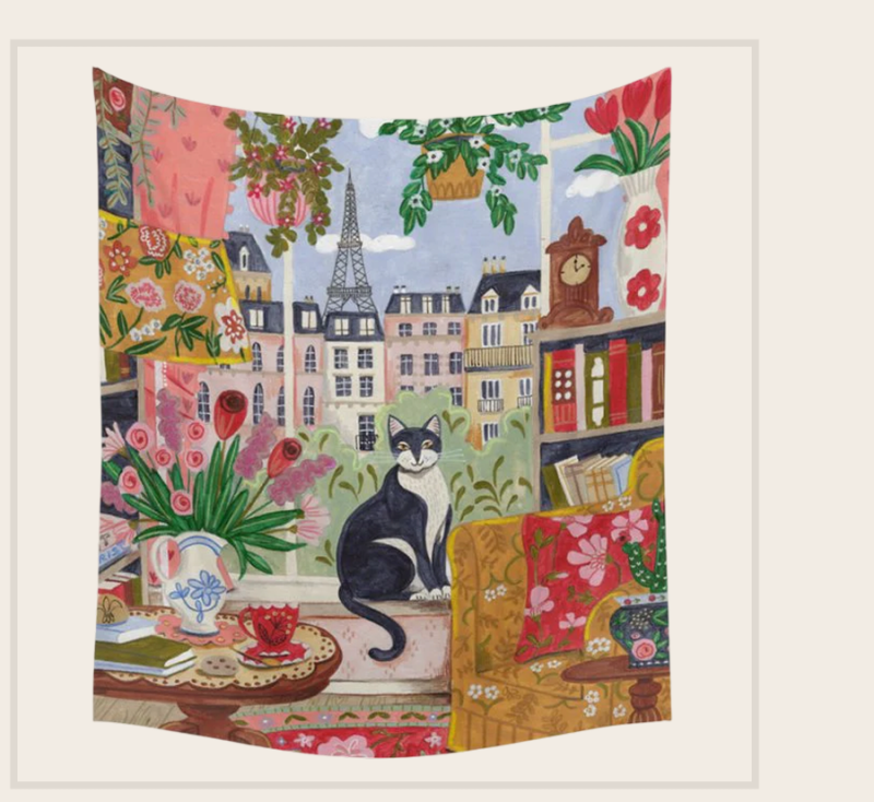Cat in front of window in Paris Wall Tapestry