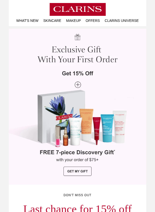 clarins.ca newsletter: Time's running out for 15% off + a free gift!