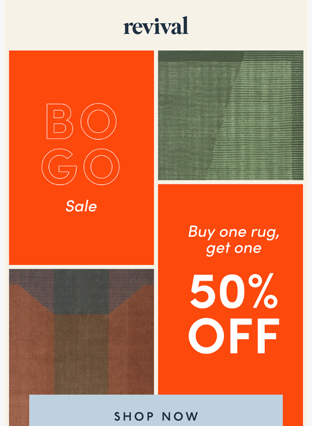 Preview of BOGO 50% off by revivalrugs.com