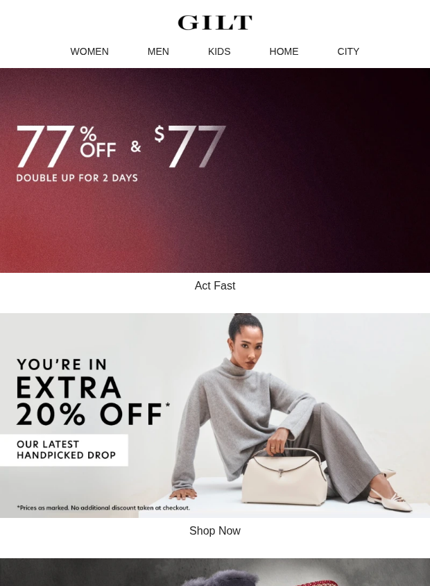 Preview of 77% Off AND $77 ▶️ Double Up for 2 Days by gilt.com