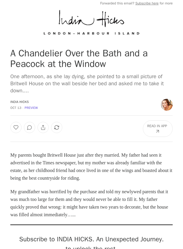 Preview of A Chandelier Over the Bath and a Peacock at the Window by indiahicks.com