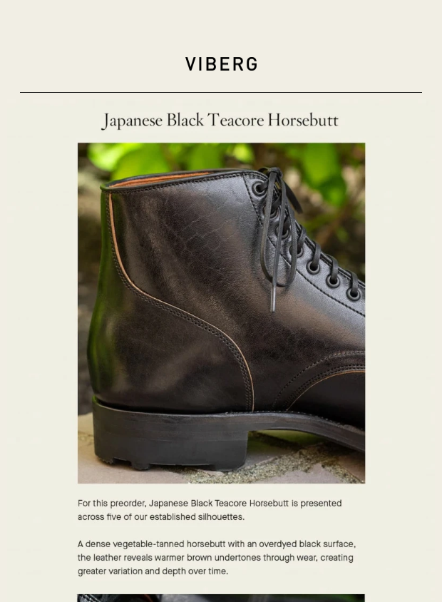 Preview of Japanese Black Teacore Horsebutt Pre-Order by viberg.com