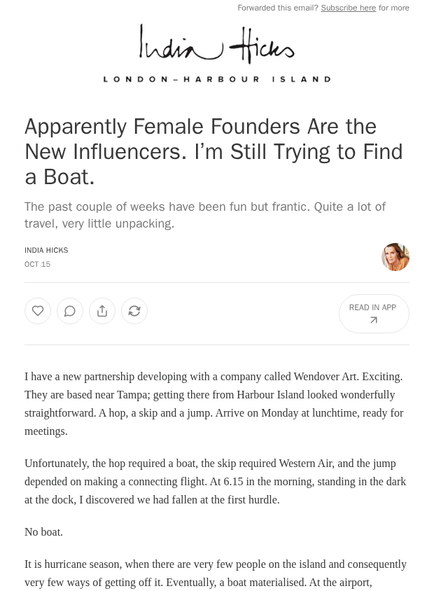 Preview of Apparently Female Founders Are the New Influencers. I’m Still Trying to Find a Boat. by indiahicks.com